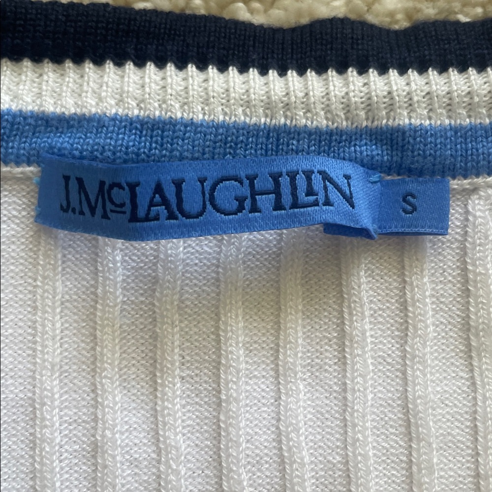 J. McLaughlin White Ribbed Cardigan with Navy and Blue Trim - Picture 4 of 5